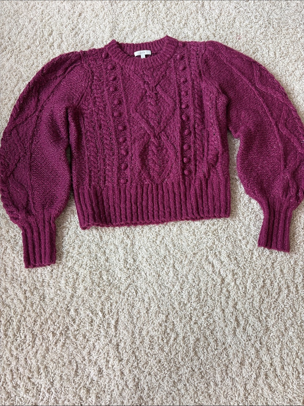 Joie Bia Raspberry Cable-Knit Puff Sleeve Sweater